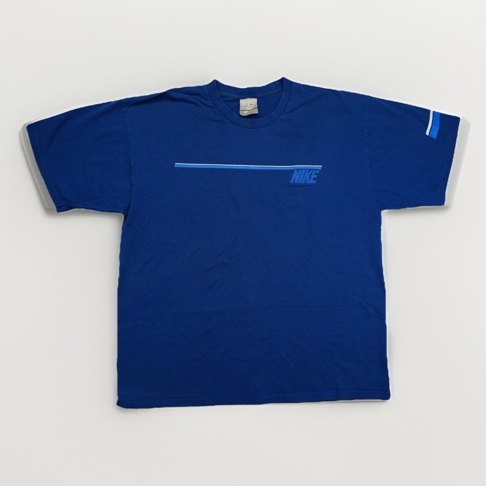 Vintage Nike Shirt Mens X-Large Blue Embroidered Stripe Logo Short Sleeve Y2K